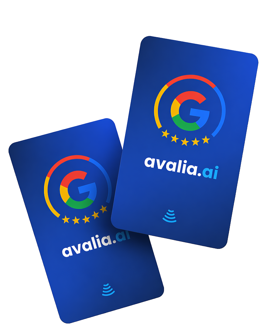 Dois cartões NFC avalia.ai flutuando